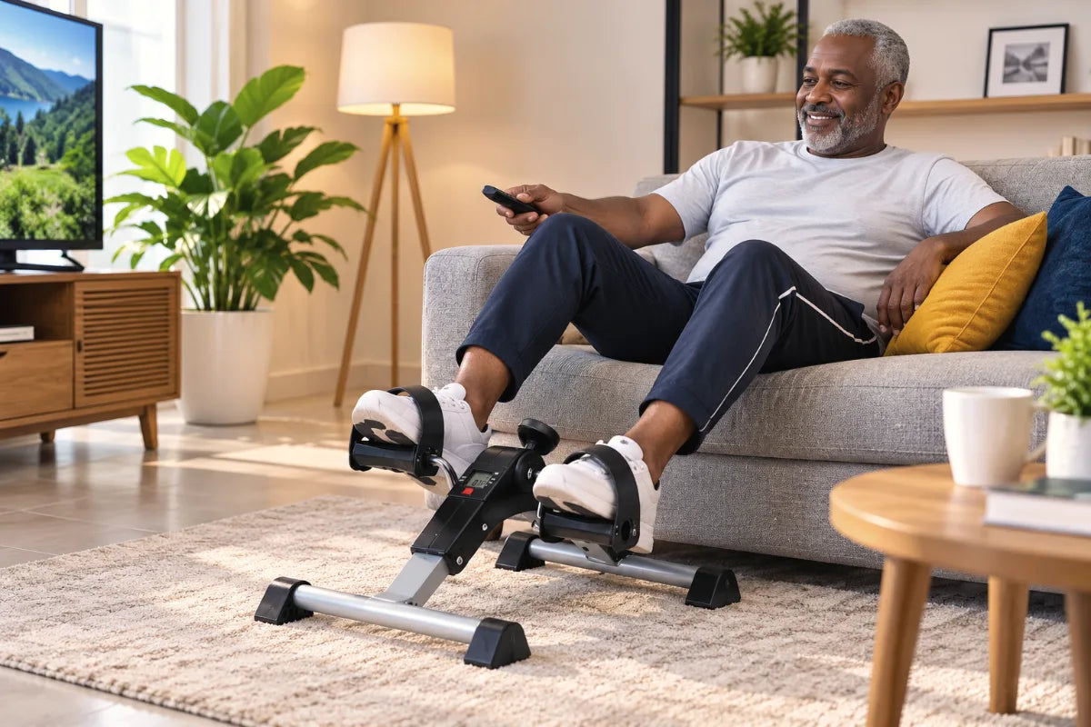 Homme souriant qui pédale assis sur son canapé avec le mini vélo d’appartement KINETIX